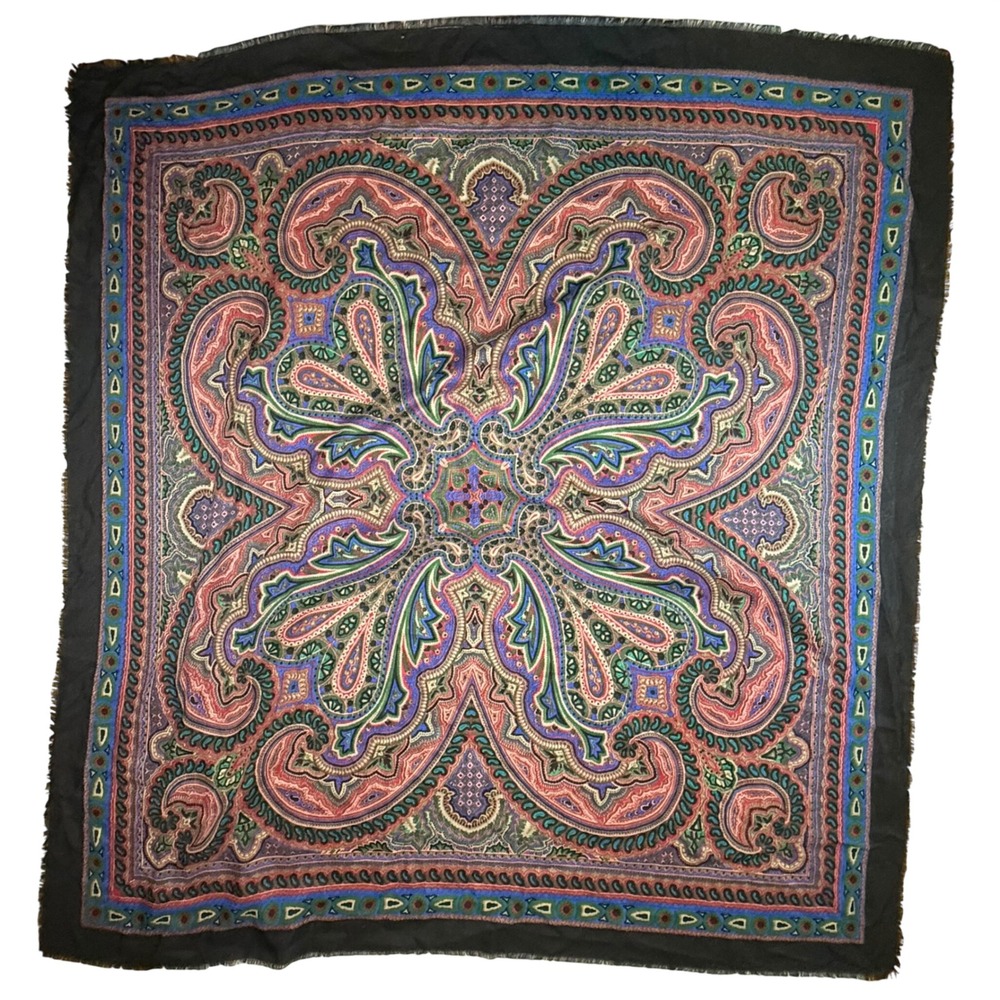 VTG Paisley 46x46 Square Scarf Black Fringe Multicolor Paisley Boho Retro Shawl